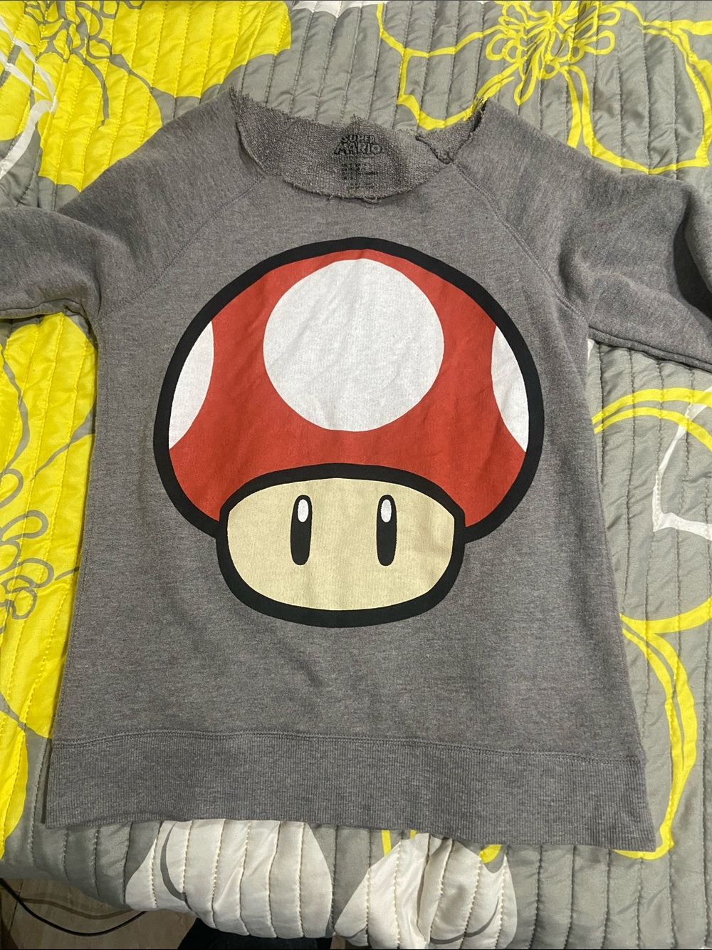 Super Mario Gray Kids Sweatshirt with Red Mushroom Graphic
